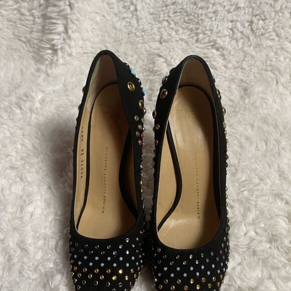 Giuseppe Zanotti Black Suede multi color  studs Peep Toe Platform Pumps EUR SZ37 - Picture 9 of 10